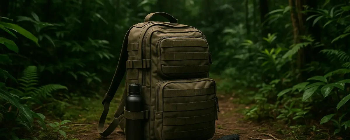 Mochila táctica con cuchillo, brújula y cantimplora en un sendero de bosque frondoso
