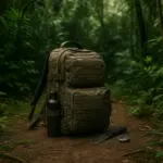 Manual de Supervivencia: qué es y por qué existe 4 Mochila táctica con cuchillo, brújula y cantimplora en un sendero de bosque frondoso