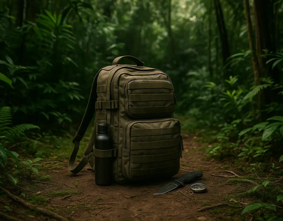 Mochila táctica con cuchillo, brújula y cantimplora en un sendero de bosque frondoso
