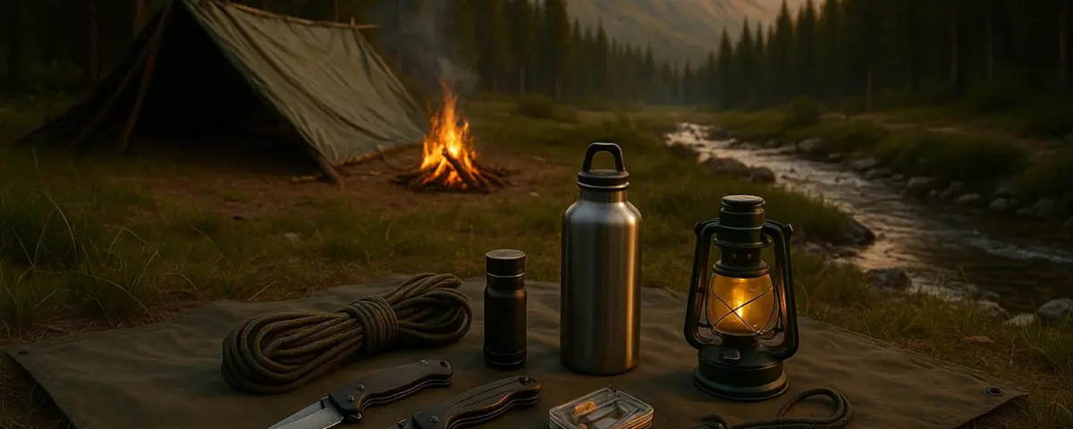 Campamento de supervivencia en la naturaleza con refugio, fuego y equipo básico junto a un río al atardecer
