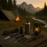 Supervivencia básica: Lo que necesitas saber para mantenerte con vida 4 Campamento de supervivencia en la naturaleza con refugio, fuego y equipo básico junto a un río al atardecer