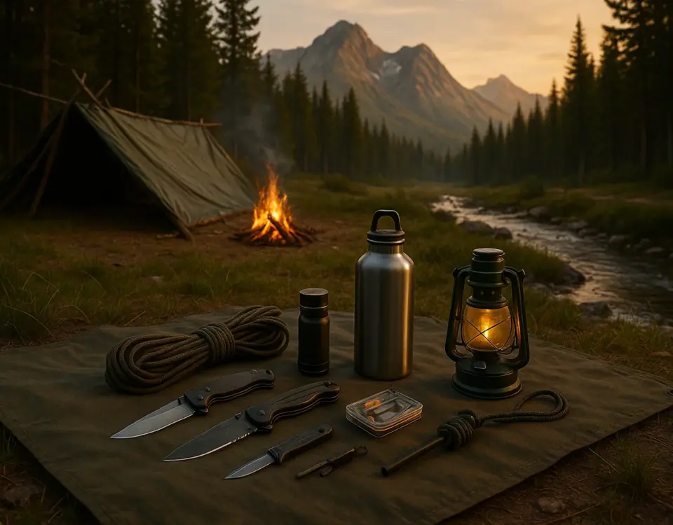 Campamento de supervivencia en la naturaleza con refugio, fuego y equipo básico junto a un río al atardecer
