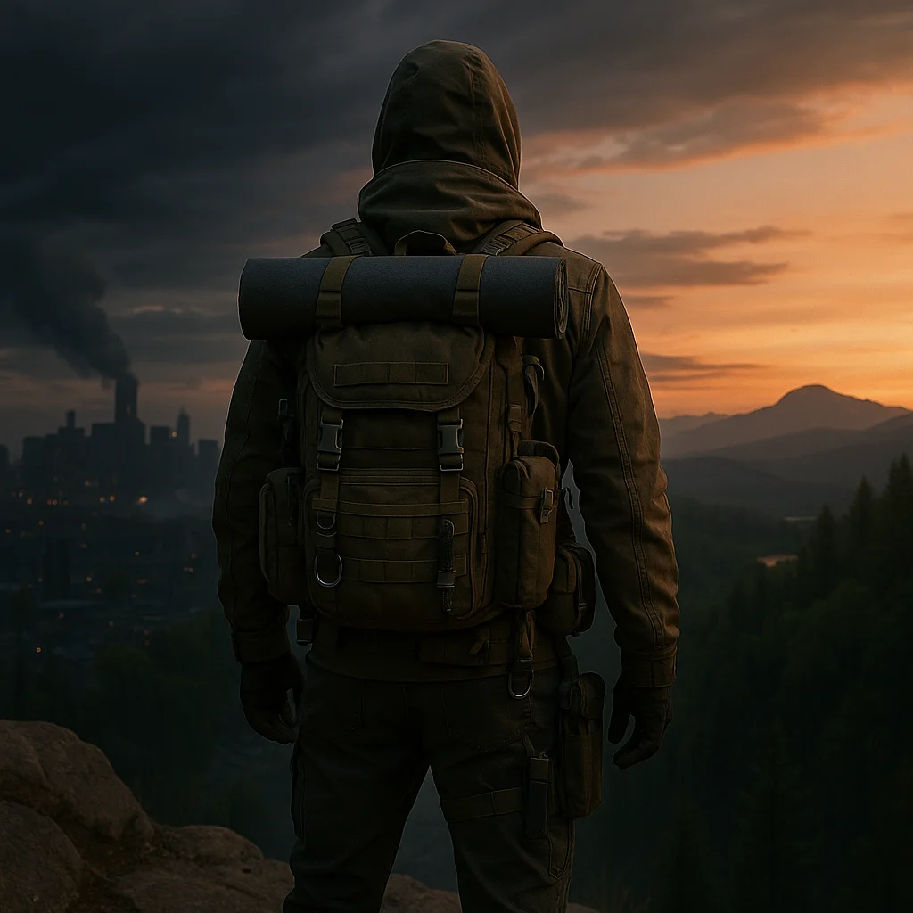 Persona de espaldas con mochila táctica observando una ciudad en crisis y la naturaleza al atardecer