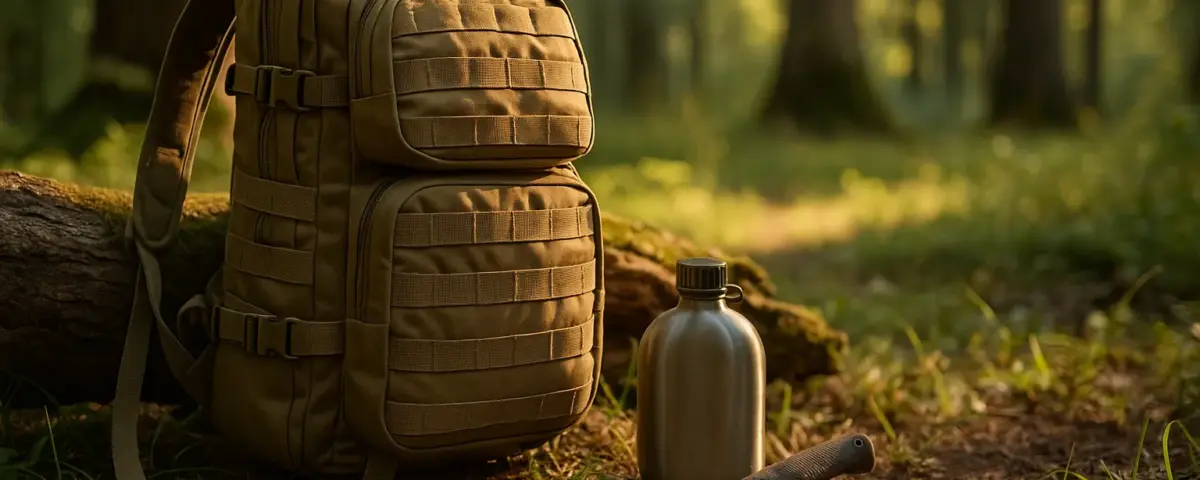 Mochila Bug Out Bag equipada en entorno natural para supervivencia en emergencias