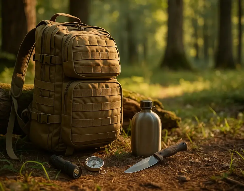 Mochila Bug Out Bag equipada en entorno natural para supervivencia en emergencias