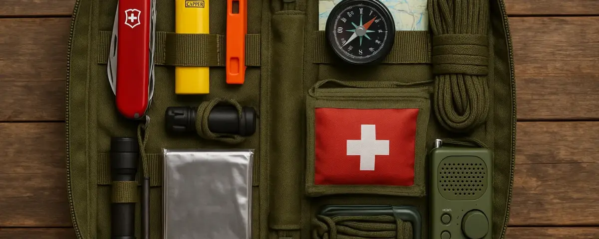Kit de supervivencia básico con herramientas esenciales organizadas en un pouch verde militar sobre una mesa de madera rústica