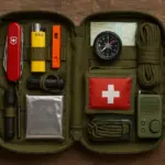 Kit de supervivencia básico: elementos esenciales 3 Kit de supervivencia básico con herramientas esenciales organizadas en un pouch verde militar sobre una mesa de madera rústica
