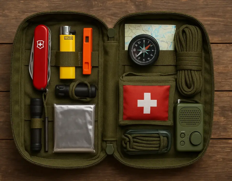 Kit de supervivencia básico con herramientas esenciales organizadas en un pouch verde militar sobre una mesa de madera rústica