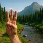 La regla de los 3 en supervivencia: cómo priorizar para mantenerse con vida 4 Mano enseñando tres dedos frente a un río y montaña en un entorno natural, símbolo de la regla de los 3 en supervivencia