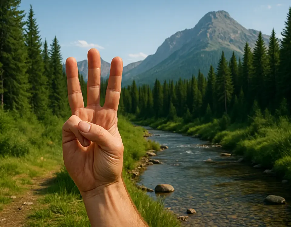 Mano enseñando tres dedos frente a un río y montaña en un entorno natural, símbolo de la regla de los 3 en supervivencia